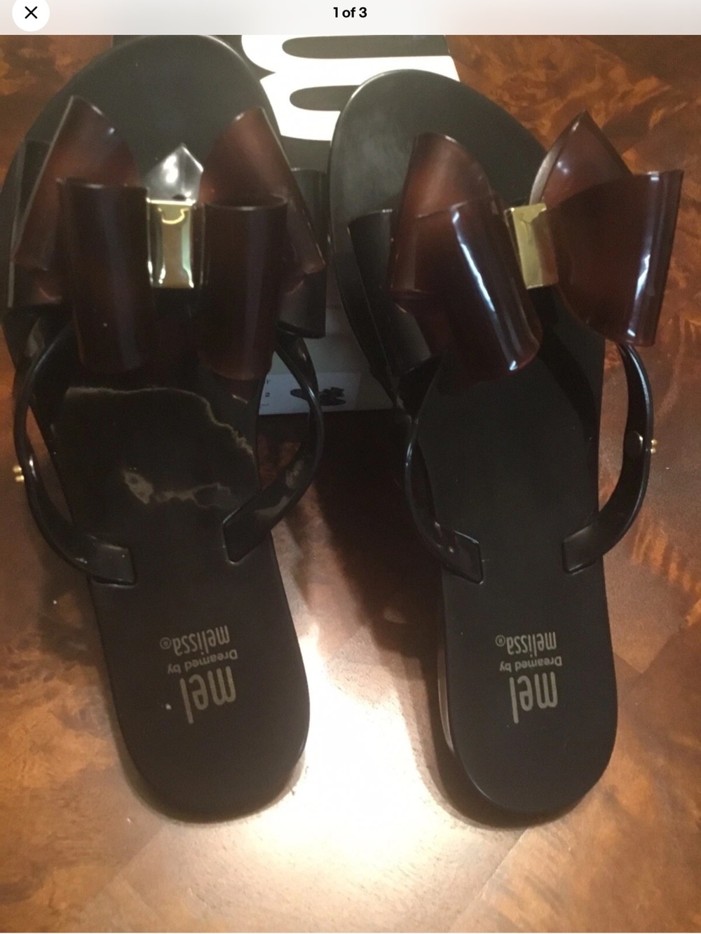 Mel by Melissa Black Sandals with Brown Jelly Bow and Gold Accent size 2 nib